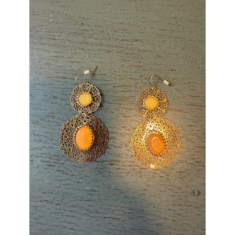 Gold Tone Filigree Double Drop Earrings Orange Yellow Cabochon Boho Dangle